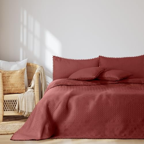 AmeliaHome Copriletto con pompon 260 x 280 cm, copriletto double-face, trapuntato, in poliestere, Meadore, rosa antico