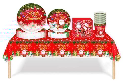 Christmas Party Tableware Set 16 Guests,Christmas Disposable Dinnerware Set Xmas Tableware Decor with Christmas Plastic Tablecloth,Paper Plates Napkins and Cups for Christmas Party Supplies Decoration