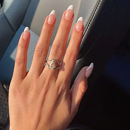 JUSTOTRY 24 Pcs Oval Short False Nails,White French Press on Nails Pattern,Nude Fake Nail Short, Glossy Almond Stick on Nail for Women, Nails Fake Nail for Nail Art