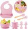 Hoidokly Vajilla Bebe de Silicona, 8 Piezas Plato con Ventosa Cuenco de Succión Babero Ajustable y Cuchara Juego de Vajilla Alimentación Infantil, sin BPA - Rosa