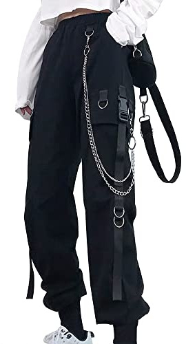 DINGJIUYAN Gothic Cargo-Fallschirmhose mit Kette für Damen, Übergröße, hohe Taille, Y2K, Harajuku, Steampunk, Halloween-Hose, 02-schwarz, 4XL