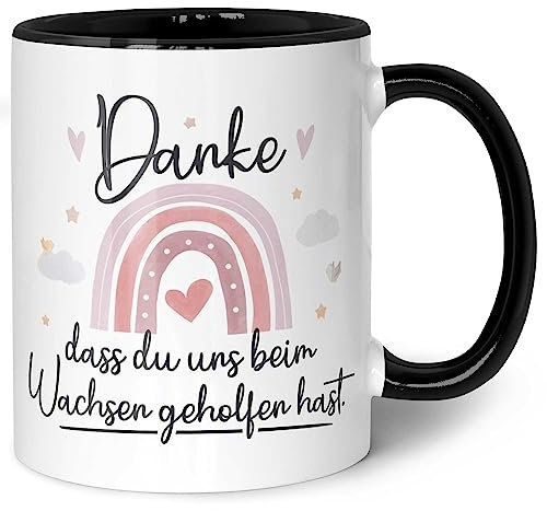 Bedruckte Tasse mit Spruch - Danke dass du uns beim Wachsen geholfen hast V2 - Geschenk für Erzieher zum Kindergarten Abschied - Geschenk als Dankeschön - Farbe Regenbogen Rosa - Schwarz & Weiß