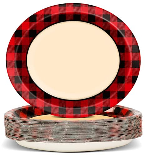 50 Pcs Christmas Red and Black Paper Plates 11*9inch Large Oval Disposable Red Plaid Plates Christmas Red and Black Gingham Party Plates for Holiday Xmas Party Dinner Cookies Dessert Supplies