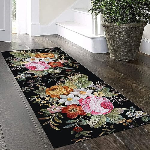Küchenteppich Läufer Teppich Lang Flur Rutschfest Teppichmatten Küchenläufer 140x400cm,3D Blumenmuster Bunter/Schwarzer Korridor Teppichläufer Waschbar Meterware Flurläufer Anpassbar ,Schwarz