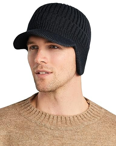 AIEOE Herren Strickmütze Winter mit Ohrenklappen Fleecefutter Dick Warm Wintermütze Weich Elastisch Outdoor Mütze mit Schirm