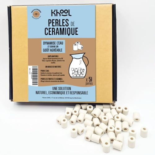 KHOOL | 50+1 Perles de céramique EM naturelles | Filtre eau robinet & carafe filtrante | Améliore le goût de l’eau | Anti calcaire | Pour lave-linge, lave-vaisselle | 10 mm