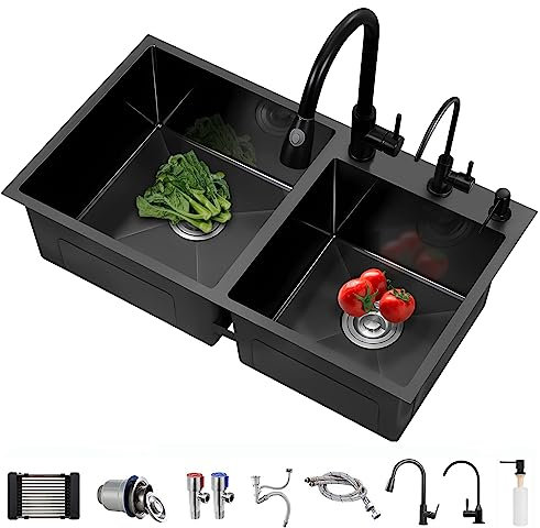 ECTbicyk Fregadero de cocina negro, de acero inoxidable, fregadero de cocina de doble orificio con grifo extensible/grifo de limpieza/dispensador de jabón (75 x 40 x 22 cm)