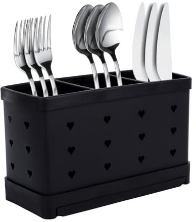 Fadcaer Porte-ustensiles en acier inoxydable, égouttoir à couverts avec 3 compartiments, organiseur d'ustensiles de cuisine en acier inoxydable, support de séchage pour couverts de comptoir (noir)