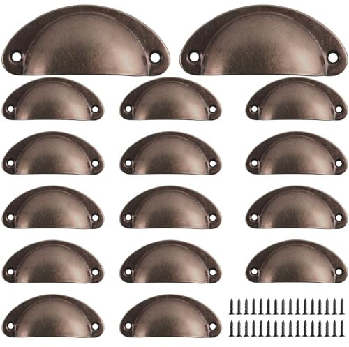 Yibaijia 16 Pcs Shell Cup Handles, Vintage Drawer Pull Handles, Semi Circle Retro Kitchen Cupboard Door Handle and Knobs, Furniture Cabinet Dresser Door Knobs with Screws-Retro red