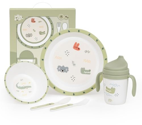 Juego de Vajilla Bebe Interbaby | Set Vajilla Infantil 5 Piezas Plato Llano, Bo, Cuchara, Tenedor y Vaso Antigoteo Aprendizaje | Apta para Microondas y Lavavajillas, Mayores de 6 Meses