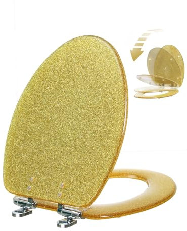 Resin Toilet Seat Elongated Soft Close Quick Release Heavy Duty Toilet Seats Gold Glitter 19 Inch