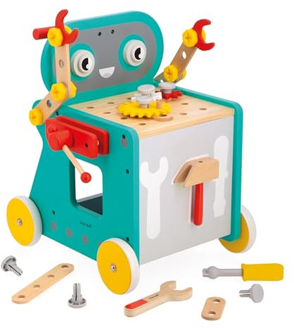 Janod - Chariot Robot Brico'Kids - Jeu de Bricolage Enfant - 38 Accessoires + 3 Outils - Jeu d'Imitation - Développe la Motricité Fine - Dès 18 Mois,J06456