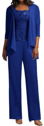 JIIL Damen 3 Teilig Hosenanzug - Spitze Mutter der Braut Kleid Set Hochzeit Gast Hosen Set Königsblau 46