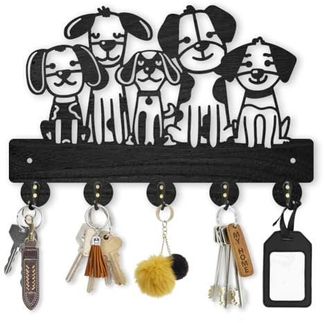 MAYJOYDIY Crochet mural en bois en forme de chien 30 x 20 cm Porte-clés mural en bois avec 5 crochets en alliage noir pour chapeau, serviette, entrée