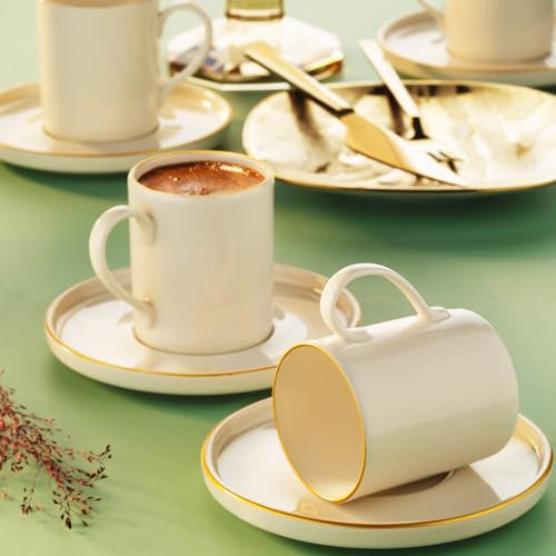 Fecra Juego de tazas de café de Porcelana – 12 Piezas para 6 personas – Marca Inci Dorada