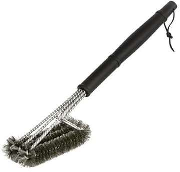 Dehner Grillbürste, Reinigungsbürste für Grills/Pizzaöfen, mit Edelstahl-Borsten, ca. 7 x 6 x 44 cm, Stahl/Leder/Polypropylen, schwarz/Silber
