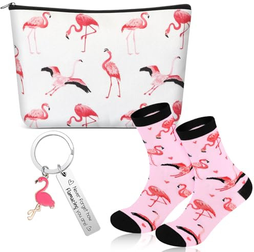 Xuniea 3 Stück Inspirierendes Geschenk Set für Frauen Kosmetiktasche Schlüsselanhänger und Socken Dankeschön Geschenk mit Tiermotiven für Mitarbeiter Weihnachten Geburtstag (Flamingo Stil)