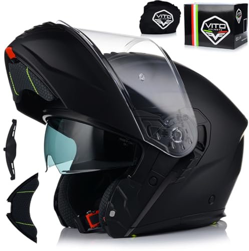 VITO Furio Klapphelm Schwarz Matt | ECE R22.06 Motorradhelm mit Sonnenblende | Pinlock vorbereitet | Klappbar | Waschbares Innenfutter | Größe M