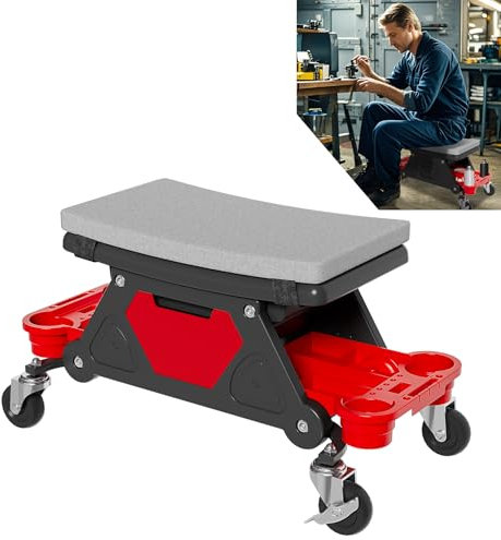 UISEBRT Werkstatthocker Mobiler Werkstattsitz mit Ablage und Rollen Garagenhocker Arbeitshocker Tragkraft 150 kg für Werkstatt Fahrzeugpflege Maschinenwartung und Heimwerken (Bogenförmig)