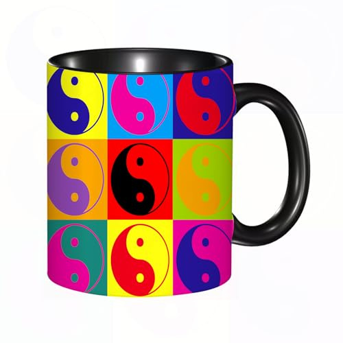 reyawdf Original Tasse mit lustigem Design,Pop Art Design YIn Yang Zeichen Hippie-Stil Ostasiatische Nationen Fri,330ml, für Kaffee- und Teeliebhaber, als Geschenk für Weihnachten, Geburtstag und mehr