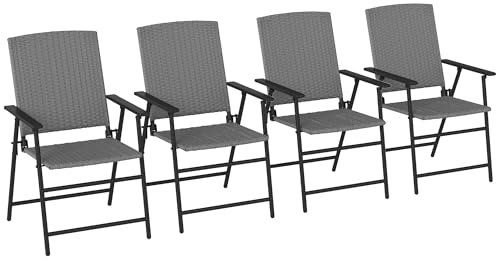 Outsunny Folding Garden Chairs Set of 4, PE Rattan Garden Dining Chairs with Armrests, High Back and Steel Frame, Weather Resistant Outdoor Dining Furniture for Patio, Balcony, Grey