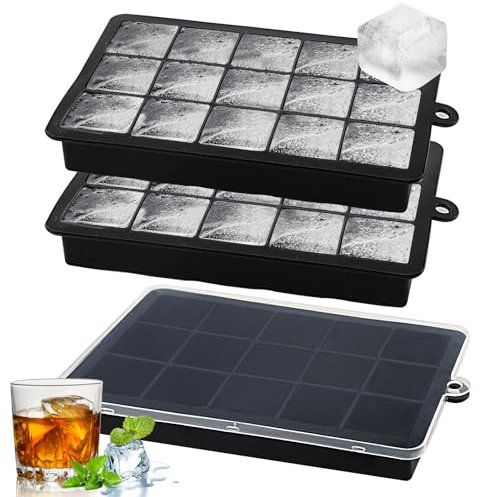 3 Pack Ice Cube Trays,15 Square Ice Cube Tray with Lid, Easy Release & BPA Free, Flexible Stackable Easy Release Freezer Large Square Ice Cube Trays for Whiskey Freezer Containers