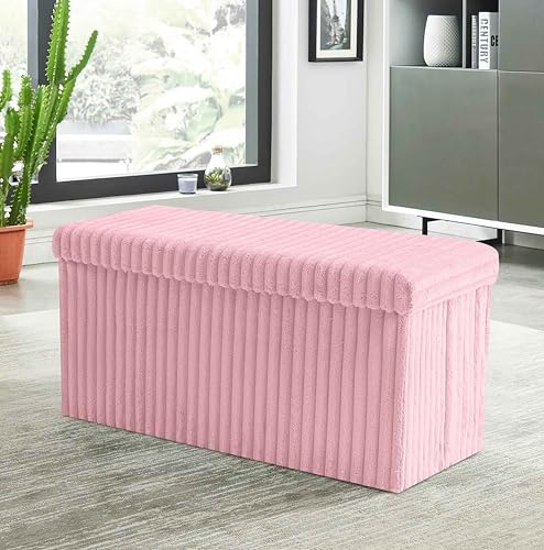 Artistic Fashionista Limited Ottoman Ribbed Storage Box Folding Footstool Rest Seat Storage Stool Toys Chest Bench Blanket Linen Laundry Box (Pink, 76x35cm)