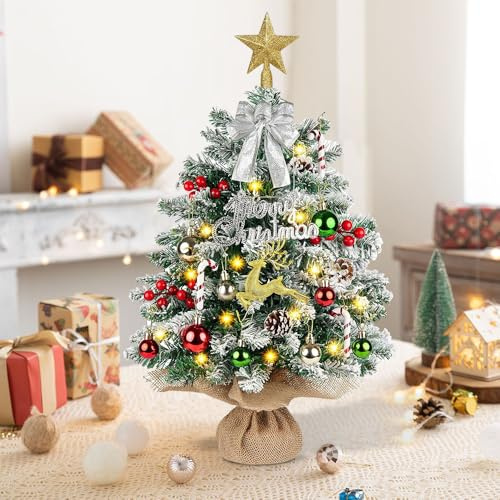 XEERUN 60CM Mini Christmas Tree, Small Christmas Tree with Lights, Artificial Tabletop ChristmasTree, Small Xmas Tree with Lights, Pine Cones, Christmas Ball, for Christmas Holiday Party Home Decor