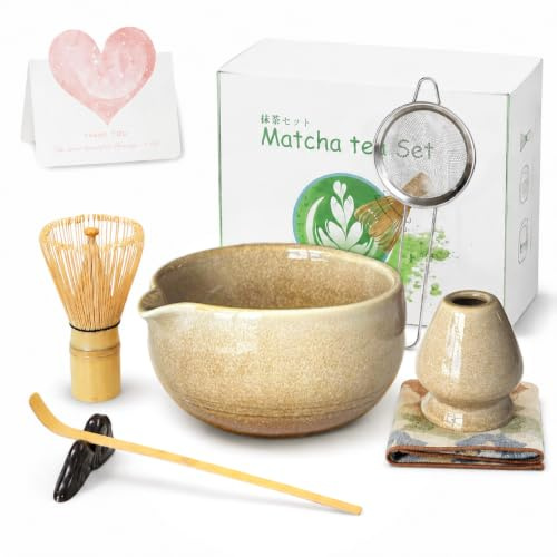 Matcha Kit Complet 7 Pièces - Coffret Cérémonie Thé avec Bol Céramique, Fouet en Bambou pour Matcha, Cuillère - Accessoires Thé Japonais pour Petit Déjeuner/Latte - Idée Cadeau Élégant (Beige)