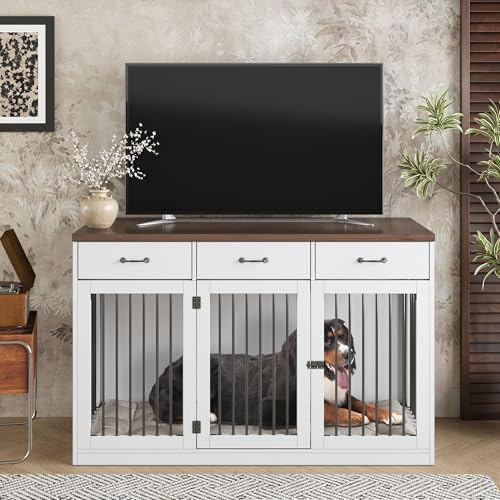 Hundekäfig Schrank XL, Hundekäfig mit 3 Schubladen und 2 Türen, Hundebox für Zuhause Große/Mittlere Hunde,Beistelltisch, Hundehütte Indoor, Hundehaus für Zuhause, weiß, 140 x 60 x 90 cm, Eisen