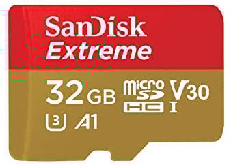 SanDisk Extreme 32 GB microSDHC Memory Card + SD Adapter with A1 App Performance + Rescue Pro Deluxe, Up to 100 MB/s, Class 10, UHS-I, U3, V30, Red/Gold