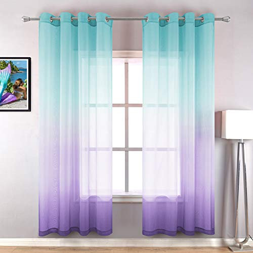 KOUFALL Blaugrüne Schlafzimmer-Vorhänge, 160 cm Länge, 2 Paneele, Meerjungfrauen-Cartoon-Muster, halbdurchsichtig, Kurze Vorhänge und Vorhänge für Kinderzimmer, Mädchenzimmer, Babyzimmer-, lila