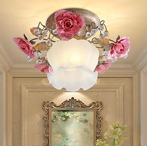 Yjmgrowing Euro Style Pastoral Floral Flush Mount Deckenlampe für Korridor Romantische Eisen Rose 1-Deckenleuchte für Eingangshalle Treppen Balkon Beleuchtungskörper, E27 (38 × 22,5 cm)