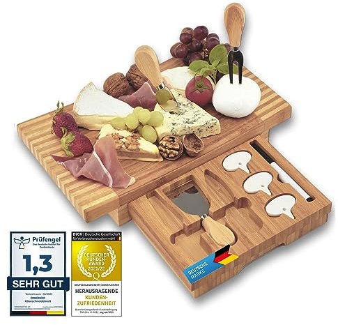 Dimono® Plateau de fromages de Luxe avec 3 Couteaux à Fromage; Ensemble de Planche à découper à Fromage en Bois de Bambou avec des Couverts à Fromage pour Servir, déguster et Vivre
