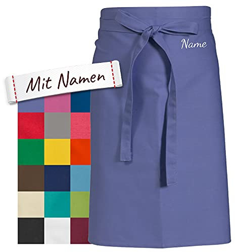 LALALO Vorbinder Schürze mit Name, hochwertig bestickt, Personalisierte Bistroschürze/Kochschürze für Damen und Herren, Malschürze/Schürze zum basteln, kochen, garten oder werken (Flieder, 60x80 cm)