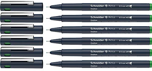 Schneider Pictus Fineliner (Strichstärke 0,5 mm, dokumentenechte Pigmentliner, metallgefasste Spitze, Gehäuse aus 85% recyceltem Kunststoff) 6er Pack, grün