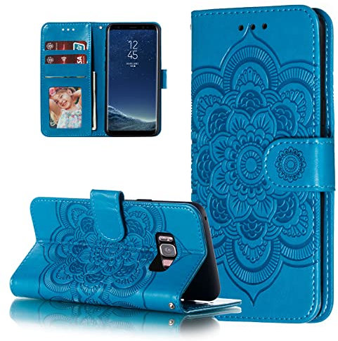 EYZUTAK Mandala Hülle für Samsung Galaxy S8 Plus,Premium PU Leder Flip Brieftasche Kartenfächern Holder Magnetic Schutzhülle Handyhülle Ultra Slim Case mit Lanyard, Prägung Klapphülle-Blau