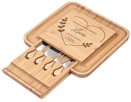 Maverton Tagliere per formaggio e salumi in legno - set 3 coltelli 1 forchetta - incisione personalizzata - H4cm x L34cm - regalo di compleanno per la donna - Grazie d’esserci!