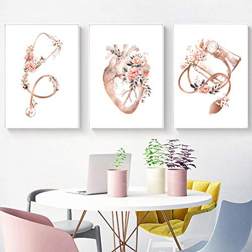 VUSMH Anatomie Affiche Fleurs Médicales Coeur Murale Art Abstrait Stéthoscope Toile Tableau Peinture Maison Salon Chambre Decoration Murale Tableaux 40x60cmx3 No Frame