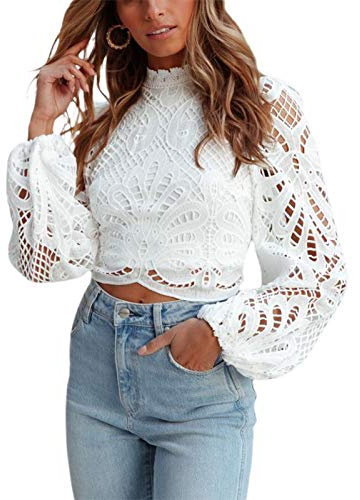 Loalirando Women's Long Sleeve Lace Tops, Casual Crochet Hollow Out Turtleneck Blouse Shirts (White, M)