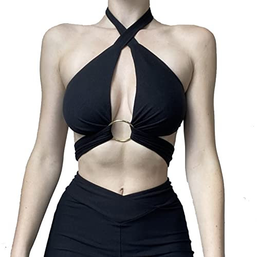 HTTOAR Frauen Sexy Neckholder Criss Cross Wrap Weste Cut Out Ärmellos Einfarbig Crop Tops Tank Top Verschiedene Tragemethoden mit Metallring (Large, Schwarz)