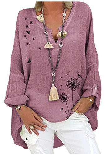 TIMEMEAN Tee Shirt pour Femme Chemisier Tunique Imprimé Fleuri en Coton Et Lin De Grande Taille Haut Fluide Décontracté à Manches Longues Et Col en V