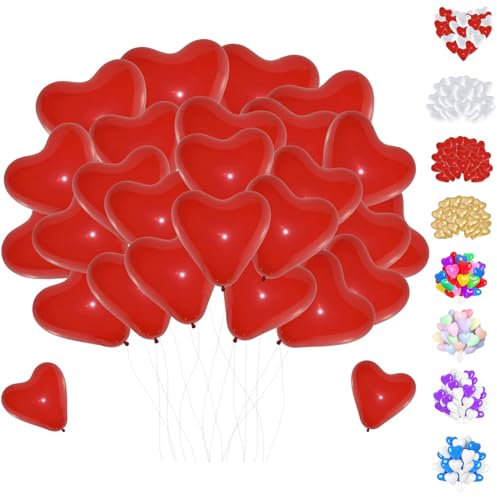 50 Pcs Luftballons, 12 Zoll Herzluftballons Rot, Latex Ballon, Helium Ballons für Hochzeit, Brautdusche, Valentinstag, Geburtstag, Verlobung, Party Deko