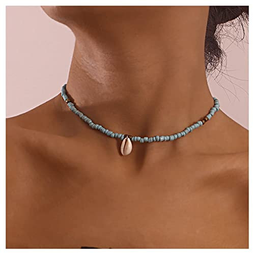 Inilbran Boho Türkis Bead Choker Halskette Vintage Kauri Anhänger Halskette Blau Gem Perlen Halskette Kette Minimalistisch Single Muschel Kette Halskette Schmuck Für Frauen Und Mädchen