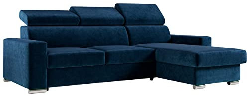 MKS MEBLE Ecksofa Wohnzimmer - Wohnlandschaft - L-Form Couch mit Schlaffunktion - Bettsofa - Wohnzimmer L Couch - Polstersofa mit Bettkasten - Fox Marineblau