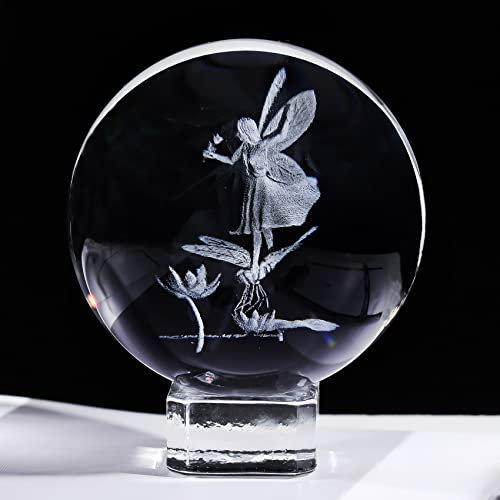 Movdyka Figura de Hada 3D de 6 cm Con Libélula y Loto, Bola de Cristal Con Soporte, Regalos Para Mujeres, Adornos Coleccionables Para el Hogar