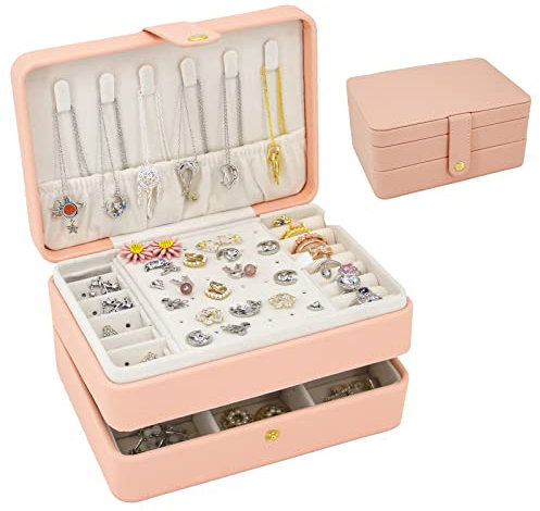 Schmuckkästchen, kleiner Reise-Schmuck-Organisator, tragbarer Schmuckkoffer für Frauen, Mädchen, Geschenk, doppelte Lagen PU-Leder-Schmuckhalter für Ringe, Ohrringe, Halsketten - rosa