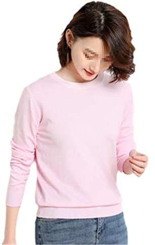Pull pour femme à col rond en cachemire uni avec bas fin et manches longues, rose clair, M