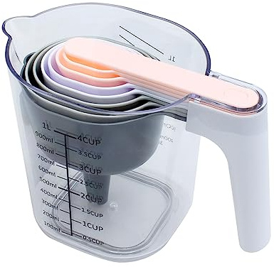 COOK WITH COLOR Measuring Cup Set - 9 PC. Nesting Stackable Liquid Measure Cup, Dry Measuring Cups and Spoons with Funnel and Scraper (Grey and Pink)