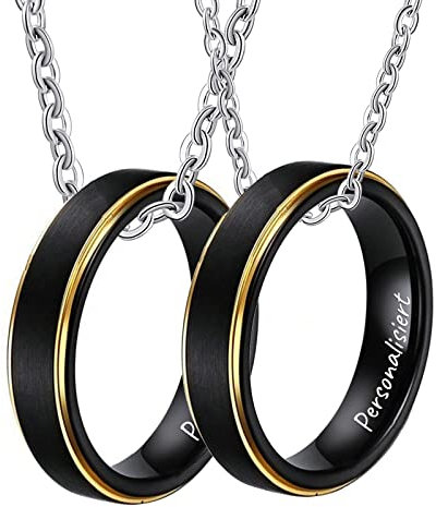 Wolfram Partner Kette mit Ring Anhänger, 2 Stück Paar Kette Personalisiert Gebürstet mit Goldener Rand, Schwarz für Damen Herren (Breite 5MM, Länge 60cm/ 50cm, Damen 54 Herren 62)
